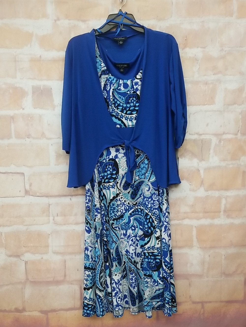 NWT Perceptions 2pc Royal Blue Paisley Maxi Dress with Tie-Front Overlay Size 14